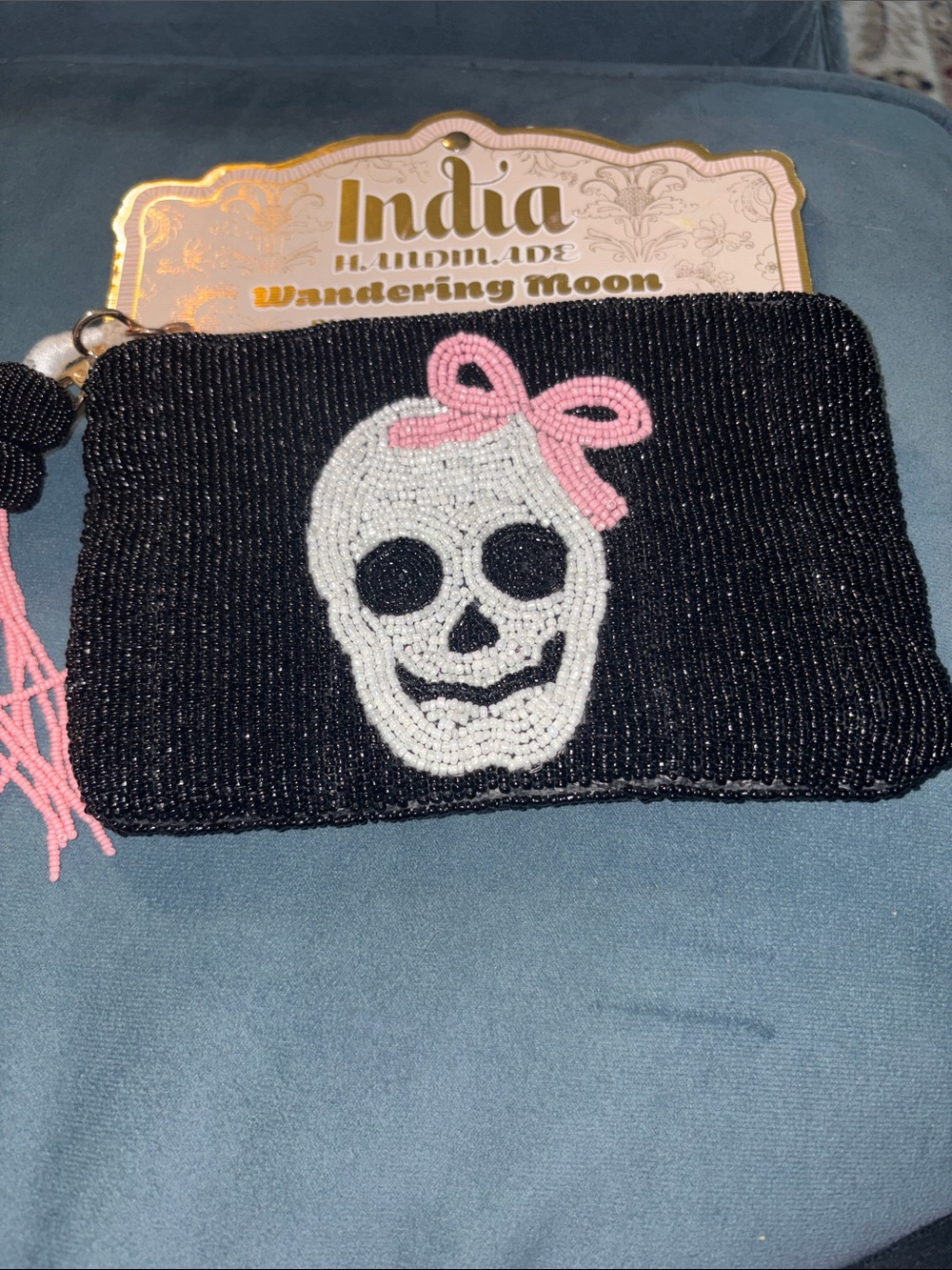 India Hicks Black Beaded Skull Wristlet with Pink Bow Accent
